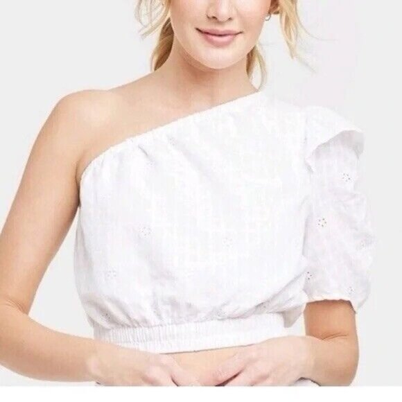 Universal Thread Size L One Shoulder Short Sleeve White Eyelet Top Cropped - Picture 1 of 11
